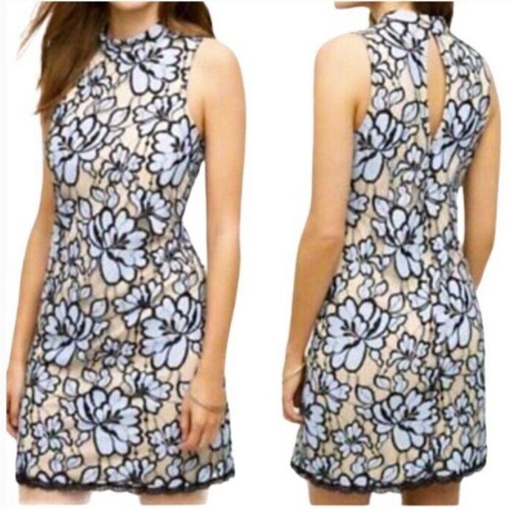 PLENTY by Tracy Reese Lin Floral Lace Overlay Mini Dress High Neck Blue Sz 4